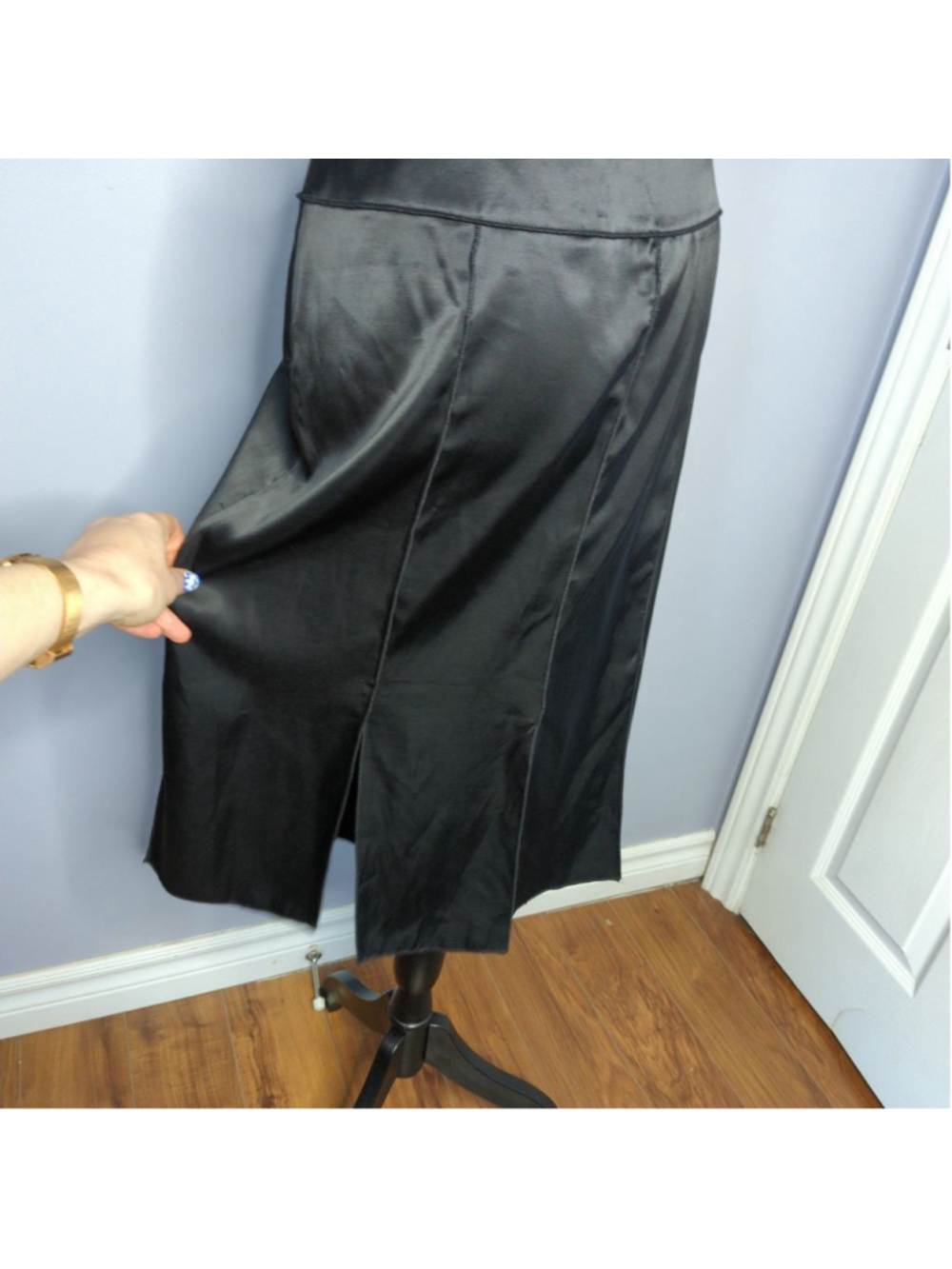 Vtg Nira Nira Black Satin Car Wash Panel Midi Skirt Sz 10 90s Goth Witchy - Picture 3 of 15